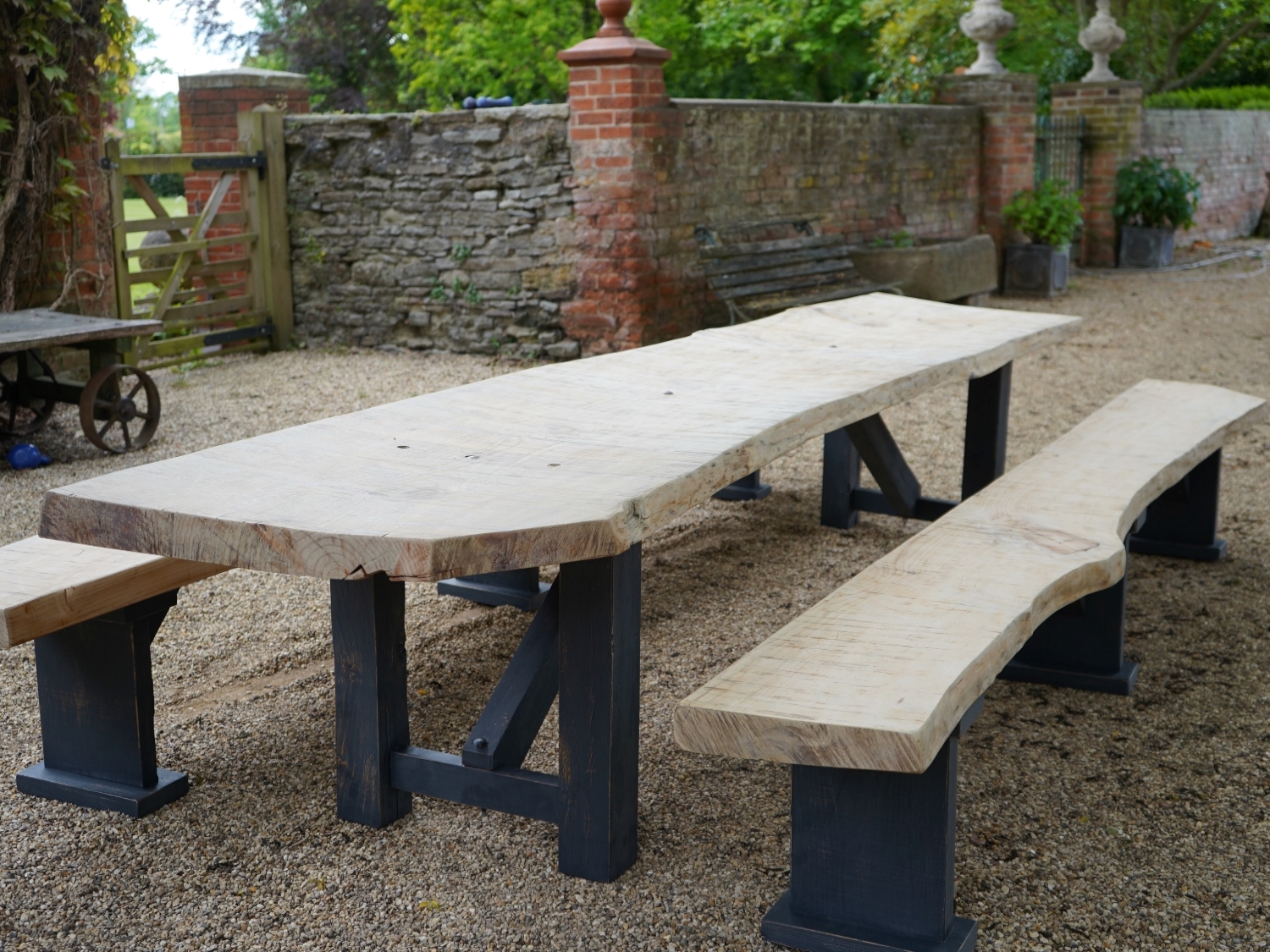Waney Edge Sycamore Dining Table With Matching Benches